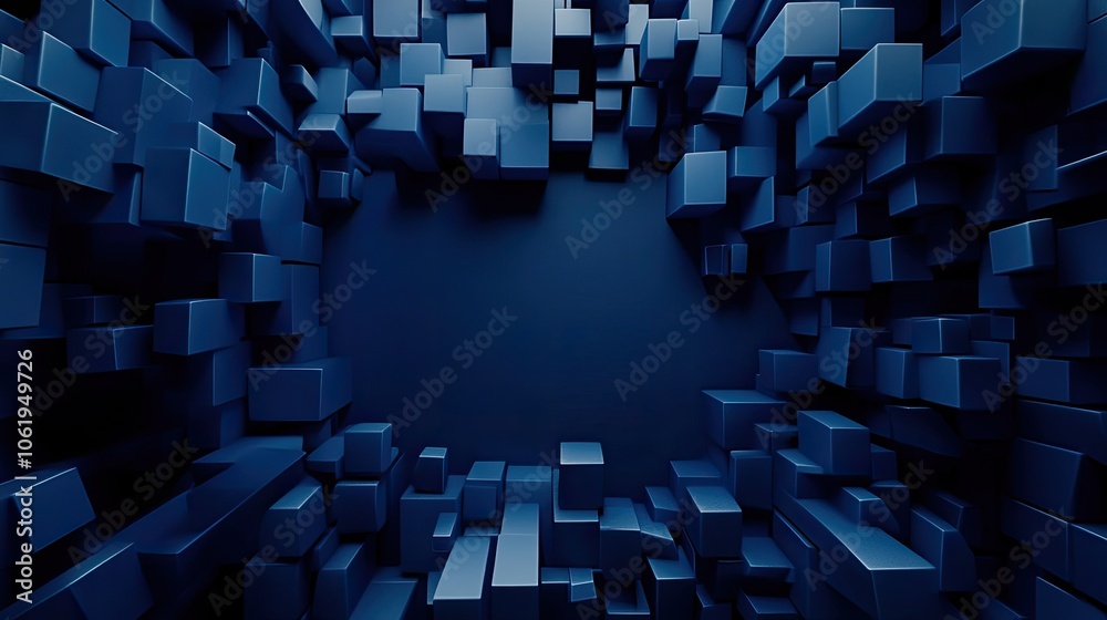 Fototapete deep blue monochrome 3d cubes forming a striking backdrop with an empty center, perfect for product 