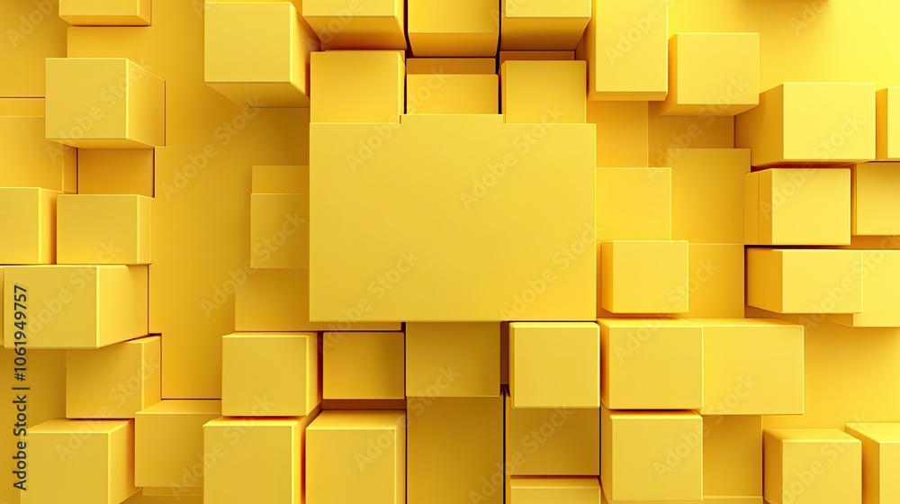 Fototapete dynamic yellow monochrome cubes in a 3d pattern, leaving space for product or text display in the ce