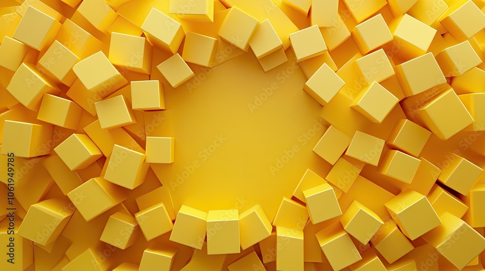 Fototapete dynamic yellow monochrome cubes in a 3d pattern, leaving space for product or text display in the ce