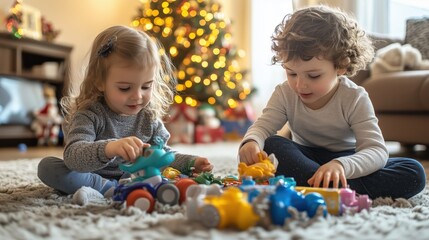 Christmas Morning Playtime: Two adorable toddlers, a girl and a boy, engrossed in imaginative play with colorful toy cars beneath a twinkling Christmas tree.