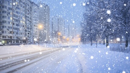 Enchanting Snowy Urban Scene at Dusk with Glowing Lights and Snowflakes - Ultra-Detailed Winter Wonderland Cityscape