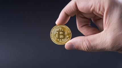 Fototapeta premium Hand holding a golden bitcoin coin against a dark background.