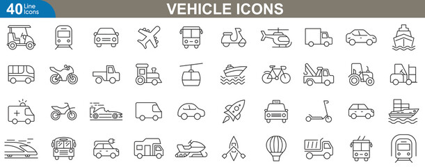Vehicle line icons set. Car, motorcycle, truck, bus, van, taxi, ambulance, tractor, helicopter and more. vector illustration.