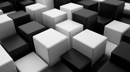 Obraz premium High-contrast black and white 3D cubes creating depth and texture, with a clear area for branding or product placement.