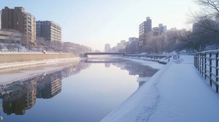 Obraz premium Serene Winter Scene: Snowy Riverbank in City with Reflecting Buildings in Soft Light - Ultra Detailed Cityscape