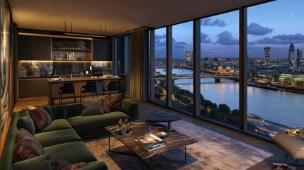 Fototapeta premium Modern Apartment with City View at Twilight