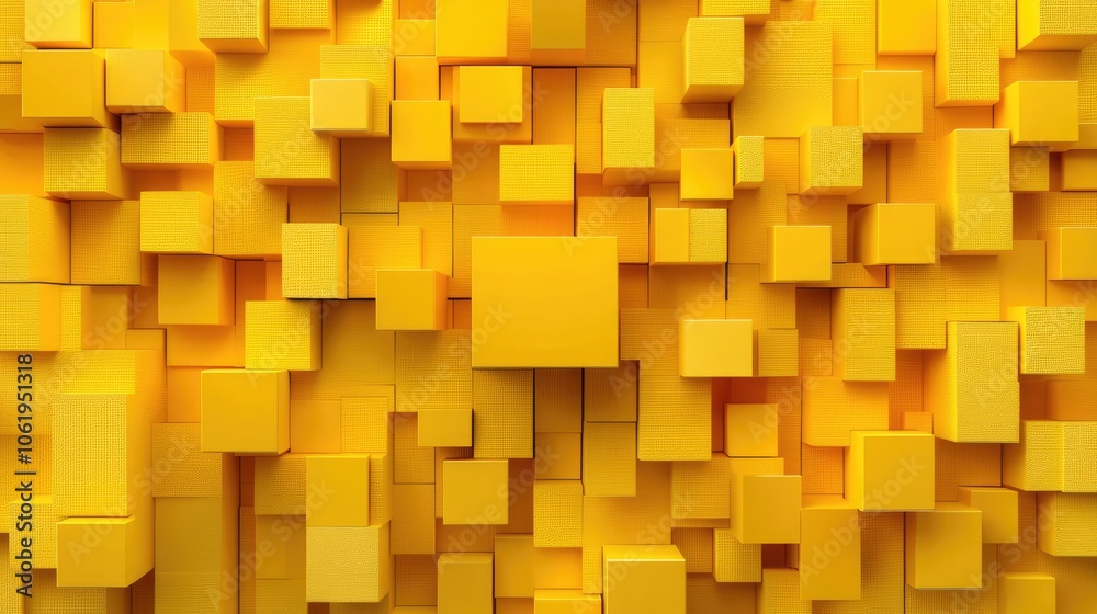 Poster Yellow monochrome 3D cubes forming a textured pattern, with an empty section in the middle for text or product displays.