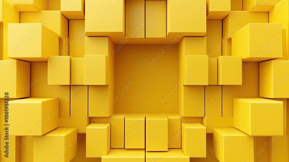 Poster yellow monochrome 3d cubes forming a textured pattern, with an empty section in the middle for text 