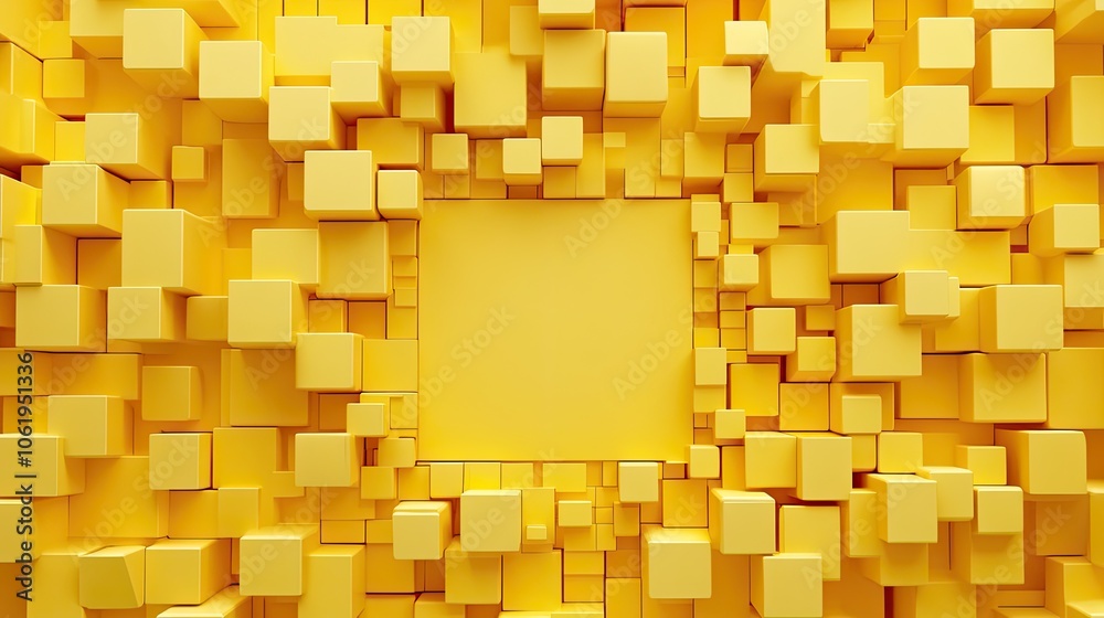 Poster Yellow monochrome 3D cubes forming a textured pattern, with an empty section in the middle for text or product displays.
