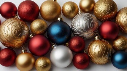Holiday Christmas Ornaments in Rich Red, Gold and Silver on White Background