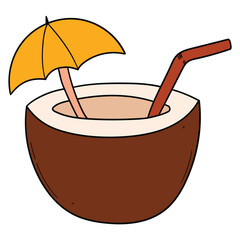 Hand drawn cartoon coconut cocktail with umbrella and straw on white background.