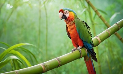 Portrait of a cute parrot. Close-up of a parrot resting on a bamboo perch against a backdrop of blooming jungle.