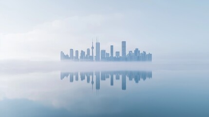 Fototapeta premium Winter Wonderland: City Skyline Reflection on Calm Lake with Foggy Winter Atmosphere