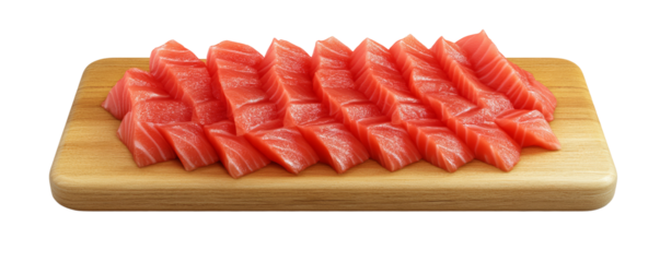 Fresh sliced tuna sashimi neatly arranged on a wooden board, showcasing vibrant color and texture, perfect for culinary presentations.