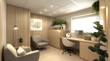 Fototapeta premium Modern Minimalist Office with Greenery and Natural Light