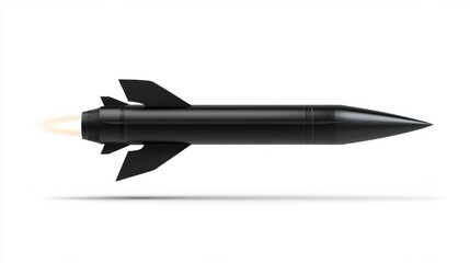 Sleek military missile with pointed warhead and fins, symbolizing advanced weaponry, isolated on white background