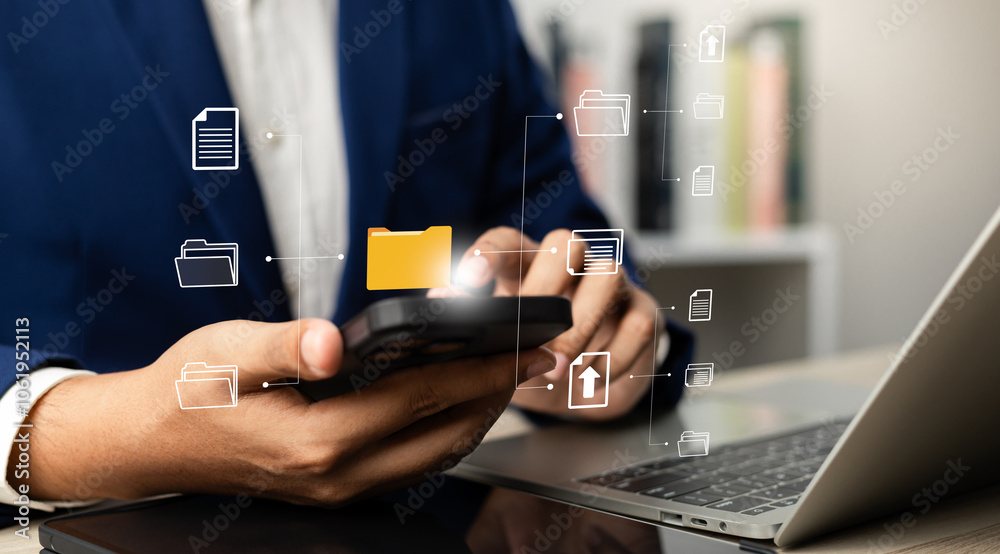 Poster document management system dms with cloud access employees managing files, folders, and business inf