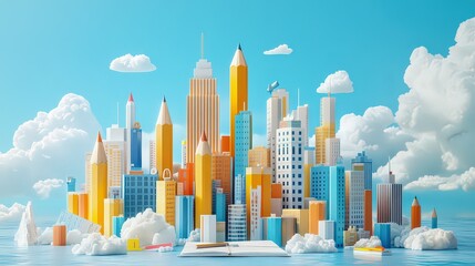  Creative cityscape composed of pencils and stationery, blending art with urban skyline concept, symbolizing creativity and learning.