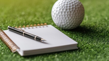 Golf ball, notepad, and pen on green grass, perfect for golf planning.