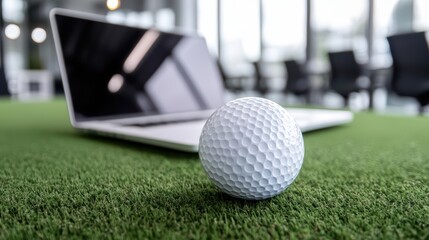 Golf ball on artificial grass near a laptop in a modern workspace.