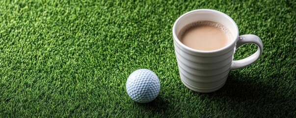 Coffee cup and golf ball on green grass, perfect for leisure themes.