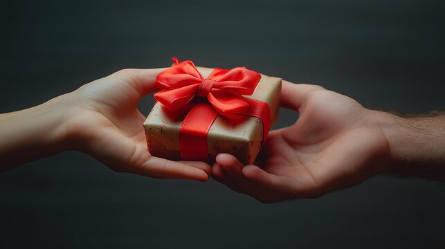 Hands Exchanging a Gift Wrapped with Red Ribbon