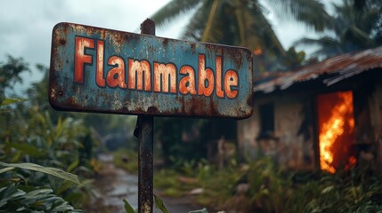 A warning sign indicating Flammable with a rustic, worn appearance set against a background of overgrown foliage and a burning building in a remote area