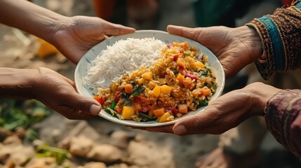  close-up of hands passing plate with rice, vegetables, bread to another person reaching out, sharing meal in caring gesture.
