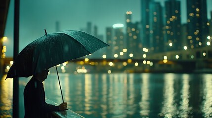 Urban Night Scene with Reflections and Umbrella