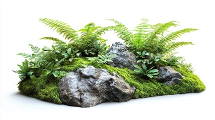 Tropical plant fern moss bush tree jungle stone rock isolated on white background with clipping path