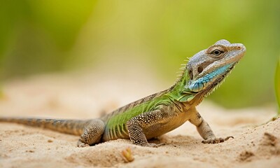 Fototapeta premium Close-up of a horned lizard walking on desert sand, curiously looking at the camera, vibrant colors, bright, photorealistic