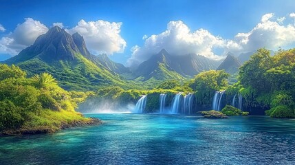 Fototapeta premium Lush Waterfall in a Tropical Paradise
