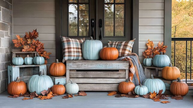  Charming autumnal porch with pumpkins, plaid blankets, and fall leaves, embodying cozy harvest vibes and warm seasonal decor.