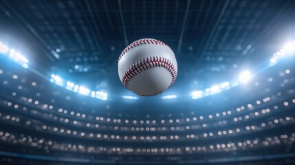 A baseball floating in a stadium, illuminated by bright lights.