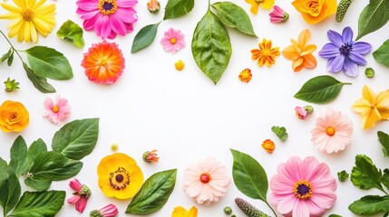 Spring flower garden in bloom with vibrant petals and leaves on white background