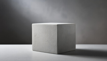 Elegant concrete cube with soft shadows for luxury product placement on gray background.