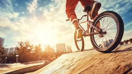 Obraz premium A BMX rider performing a trick on a ramp during sunset.