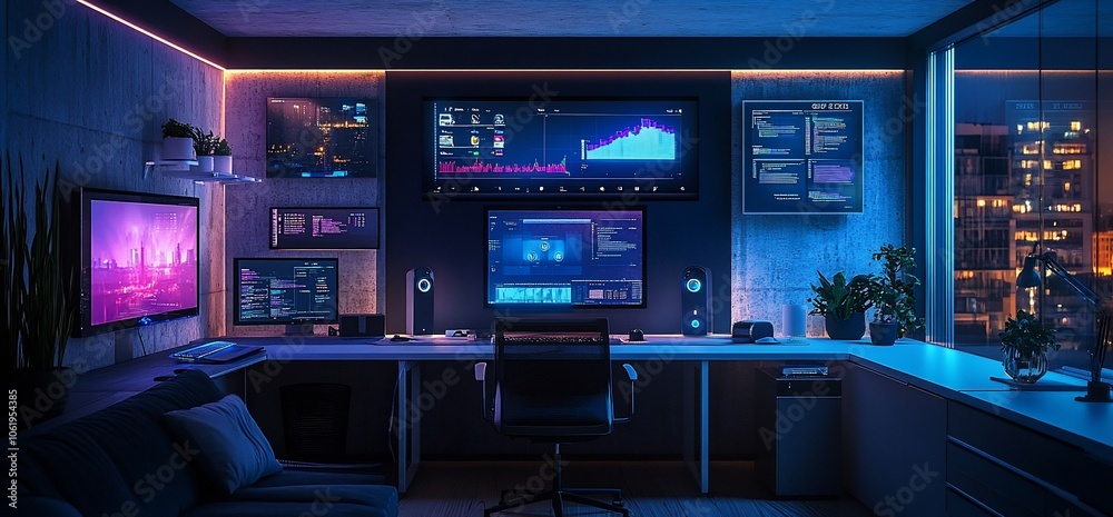 Poster modern office with desk, chairs and multiple computer screens in a dark room at night.