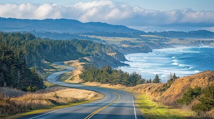  Scenic coastal road winding through hills alongside the ocean, with blue waves and green forests, perfect for an adventurous road trip and breathtaking views.