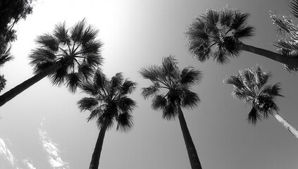 Silhouetted palm trees against a bright sky