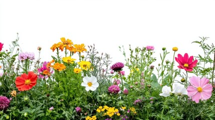 Spring garden with a variety of blooming flowers and greenery on a white background