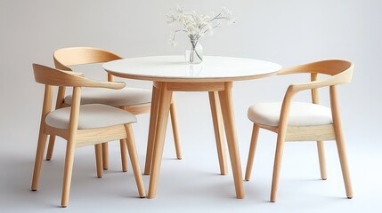  Modern dining set with a round table and wooden chairs in a minimalist style, highlighting simplicity and elegance in a light-filled space.