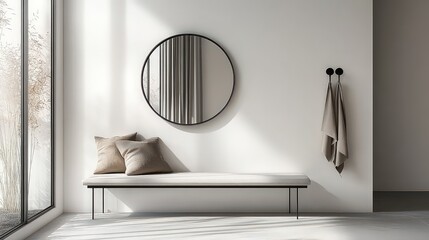 Fototapeta premium Modern entryway on white background with white bench, gray and beige pillows, wall hook with neutral scarf, and round mirror with black frame, stylish and functional.