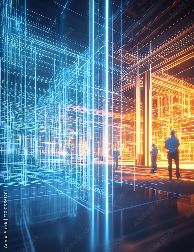 Poster Futuristic Technology Concept with Blue and Orange Digital Grid and People in Virtual Space : Generative AI