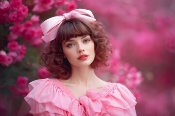 Naklejka premium A woman wearing a pink dress and a pink bow in her hair
