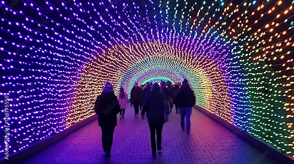 Poster stunning illuminated tunnel with vibrant rainbow led lights at night event : generative ai