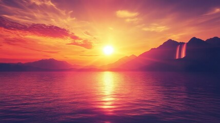 Fototapeta premium Stunning Sunset Over Calm Lake and Majestic Mountains