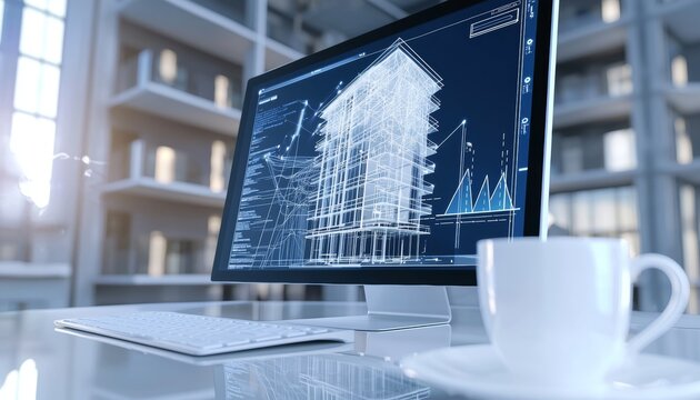 A modern workspace featuring a computer displaying architectural designs, with a coffee cup beside it, set in a bright office environment.