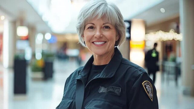 Smiling female security guard provides security at the mall