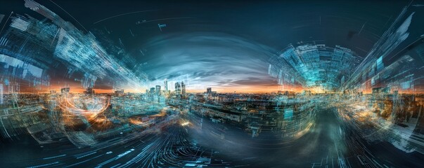 Futuristic cityscape with abstract digital elements